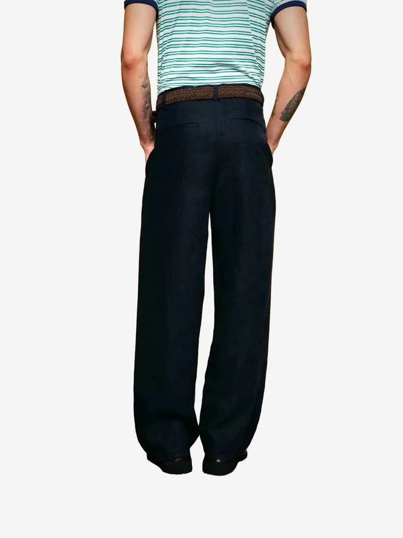 Giesto Navy Blue GIESTO Regular Fit Linen Straight Leg Pants with Pockets for Men | Best Price UAE